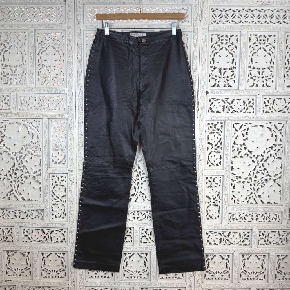 Vtg Tower Hill Black Leather Pants Womens S Studded‎ Grunge Biker Moto Rock